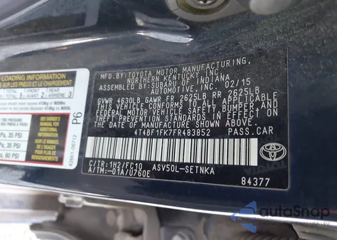 2015 Toyota Camry Le z USA, uszkodzony, nr VIN 4T4BF1FK7FR483852